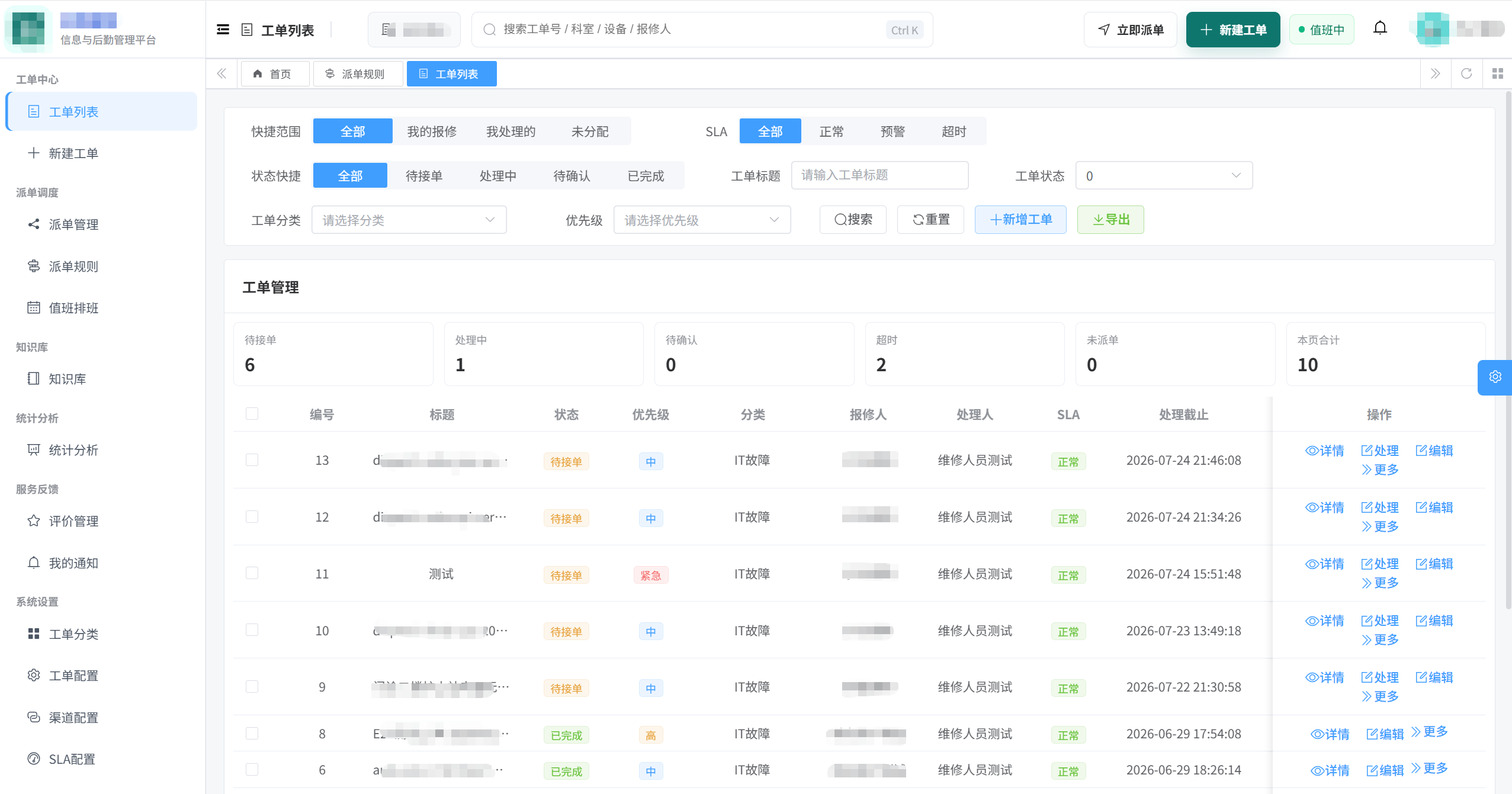工单列表:按状态筛选请求,查看处理人、优先级和处理截止时间